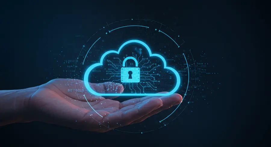 Abstract visual representing cloud security and confidential computing with layers of data protection and a subtle lock icon within a cloud infrastructure.